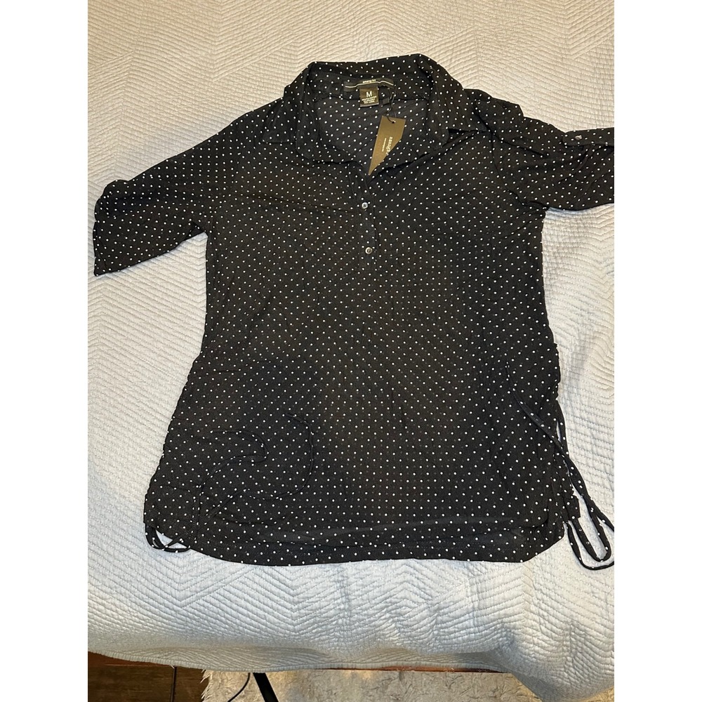 Amang NY Women Black Polka Dot Roll Tab Sleeve Drawstring Side Tunic Top Size M